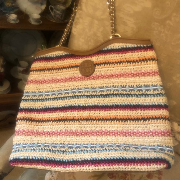 Tory Burch Marion Straw Leather Handbag Tote - Picture 2 of 8